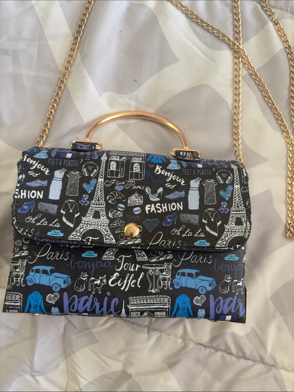 Paris-Print Crossbody Bag in Black and Blue with Gold Chain